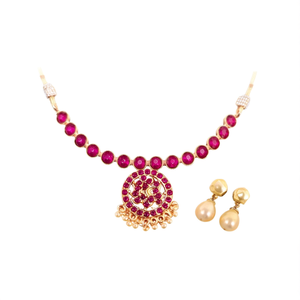 <b>Ruby</b> Kemp Stone Studded Short <b>Necklace</b> with Golden Pearls Fashion Jewelry Set - Product Image 1