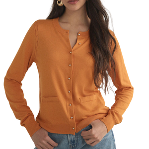 Cárdigan de Cuello Redondo para Mujer, Color Naranja, Tacto Suave, Algodón, Manga Larga, Tejido de Punto, Botones al Frente, Bolsillos, ODM, Todas las Temporadas - Product Image 1