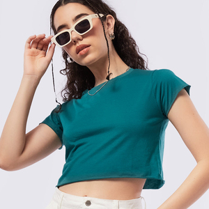 T-shirt court pour femme, couleur turquoise, manches courtes, col rond, couleur unie, coupe décontractée, poches, 100% coton, respirant, printemps été - Product Image 4