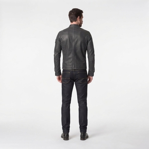 Veste en cuir véritable pour homme, fermeture éclair sur le devant, col montant, manches longues, vêtements d'extérieur décontractés et tendance - Product Image 2