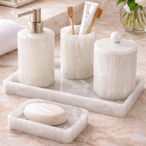Ensemble d'accessoires de salle de bain modernes en sélénite naturelle écologique de luxe, cinq pièces, vente en gros, décoration de vanité d'hôtel - Product Image 1