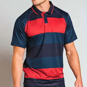 Camiseta Polo a Rayas de Rugby para Hombre, Manga Raglán, Algodón, Casual, para Golf, Color Azul Marino y Rojo, Teñido con Hilo, Estilo Urbano - Product Image 1