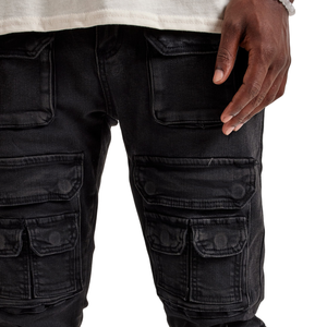 Pantalones Cargo Negros para Hombre, Vaqueros con Múltiples Bolsillos, Estilo Casual Urbano, Corte Ajustado, Pantalones Utilitarios Lavados, Estilo Workwear - Product Image 3