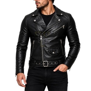Veste de motard en cuir véritable pour homme SANDRA TRADERS, coupe ajustée, col montant, fermeture éclair, ceinture, respirante, pour l'hiver - Product Image 2