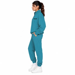 <b>Womens</b> Teal Quarter-Zip Hooded <b>Fleece</b> Sweatshirt & <b>Jogger</b> Tracksuit Set | Casual Gym Activewear with Custom Logo - Product Image 3