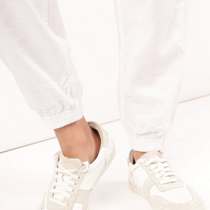 <b>White</b> Women's <b>Harem</b> <b>Pants</b> Mid Waist Drawstring Casual Loose Fit Full Length Cotton Solid Color With Pockets Right Leg Logo - Product Image 4