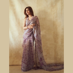 Mesmerizing <b>Purple</b> Mirror Work Tabby Polyester <b>Saree</b> with Heavy Handwork and Designer Border for Women Party Summer Winter - Product Image 3