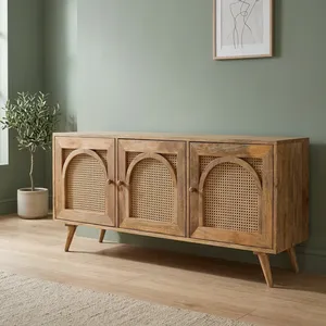Mueble de TV Vintage de Madera con Tres Puertas y Paneles de Ratán Arqueados, Acabado Natural, Consola de Entretenimiento Hecha a Mano - Product Image 6