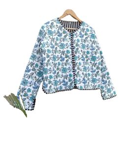 Chaqueta acolchada de algodón con estampado de añil bohemio hecha a mano para mujer, forro de lino Reversible, cómodo, duradero para Otoño Invierno - Product Image 1