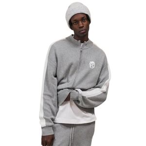 Chaqueta deportiva de punto gris melange con rayas laterales, cierre de cremallera, estilo casual urbano, puños acanalados, tejido suave, estilo atlético unisex, ajuste cómodo Pro - Product Image 6