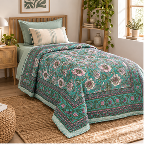 Floral Printed 300tc Cotton <b>Quilt</b> <b>Single</b> <b>Bed</b> Classic Green Pink Pattern All Season Home & Hotel Decor Eco Friendly Reversible - Product Image 4