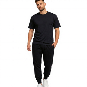 Conjunto Deportivo de Algodón Azul para Hombre, Camiseta de Cuello Redondo con Pantalones Deportivos con Cordón, Ropa Casual de Otoño, Color Sólido, Largo Completo, Corte Regular - Product Image 3