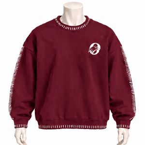 <b>Mens</b> <b>Burgundy</b> Stitched Border Distressed Crewneck Sweatshirt Loose Fit Long Sleeve Pullover Vintage Casual Streetwear Fashion - Product Image 1