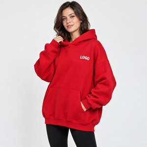 Women's Oversized <b>Red</b> <b>Hoodie</b> With Front Logo Print Drop-Shoulder Fleece Sweatshirt Long Length Autumn Wear - Product Image 2