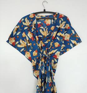 Robe Kaftan Indienne en Coton pour Femme, Imprimé Floral Vintage Jungle, Dentelle, Imprimé Oiseaux Bleus, Longueur Genou, Manches 3/4, Silhouette Trapèze - Product Image 1