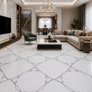 Baldosas de Porcelana con Aspecto de Mármol Blanco Gris, 60x60cm, Cuadradas, Imitación Piedra, Brillantes, para Piso y Pared, BM-S9 - Product Image 6
