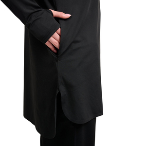Robe noire modeste à manches longues et col montant pour femme, taille basse, silhouette droite, couleur unie, tissu polyester respirant - Product Image 6