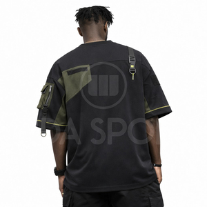 Premium Men's Half Sleeve Solid Color Oversized Streetwear Multi-Pocket Tech Wear Long T-Shirt 100% Cotton Breathable Quick Dry - Product Image 3