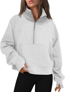 Sudadera Oversize de Mujer Tallas Grandes Gris con Cierre de Cremallera, Color Liso, Manga Larga, Tejido de Mezcla de Algodón, Top Casual de Otoño - Product Image 6