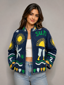 Hand Embroidered Navy Bomber Jacket With Sun Palm Tree Pattern Full Sleeve <b>Zipper</b> Closure Summer Women's Outerwear - Product Image 4
