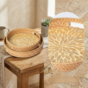 Bandeja de Ratán, Bandeja Redonda Tejida con Incrustaciones de Madreperla, Bandeja de Servicio de Lujo con Mosaico de Conchas para Decoración del Hogar y Hostelería - Product Image 4