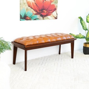 Banc en cuir marron clair et bois de teck fabriqué en Inde pour entrée et chambre, banc d'appoint en cuir marron clair et bois pour couloir, vente en gros - Product Image 5