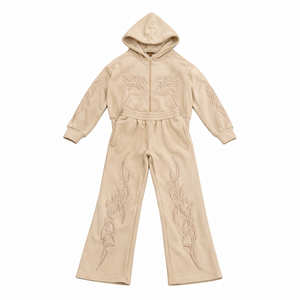 OEM Custom Vintage Streetwear <b>Hoodie</b> Sweatpants Set <b>Lightweight</b> Breathable Heat-Transfer Printed Polyester Fleece Split Hem - Product Image 2