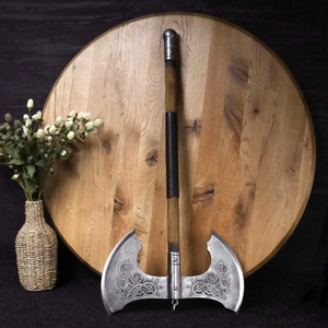Hache viking à double tranchant en acier carbone forgé à la main, manche long en bois, robuste, pour le bricolage et le camping - Product Image 1