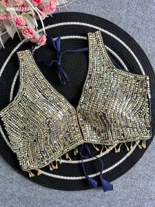 Party wear Soft Silk with Hand <b>Mirror</b> & <b>Beads</b> work & Padded & Fancy Lace Border Sleeveless Blouse Collection Indian Supplier - Product Image 5