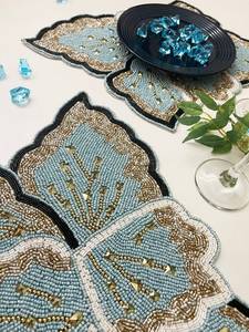 Handmade Flower Shape Fabric Placemat Light <b>Blue</b> <b>Beaded</b> Design Glam Table Mat Decorative Set - Product Image 4