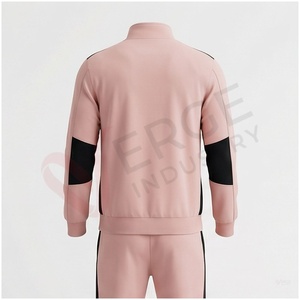 Unisex <b>Pink</b> Color Blocking <b>Tracksuit</b> Set Full Sleeve Stand Collar Zipper Front Sporty Regular Fit Autumn Wear - Product Image 2