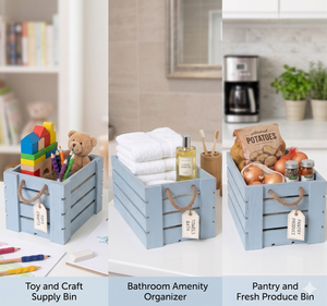 Modern Rustic Blue Wooden Storage Crates Set Nesting Decorative Beach Style Wood Display Boxes With Hemp Rope Handles For Home - Product Image 4