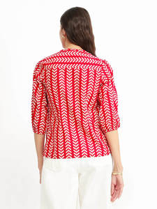 Chemise en coton à imprimé géométrique rouge, manches trois quarts, col en V, coupe ample, avec manches bouffantes, tenue décontractée d'été - Product Image 3
