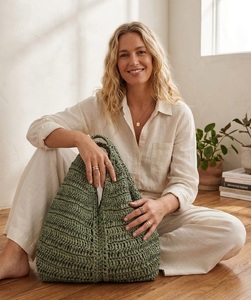 Sac fourre-tout au crochet couleur unie style bohème, sac à main pour femme à ouverture supérieure, respirant, fermeture éclair, doublure en coton, prêt pour le voyage - Product Image 2