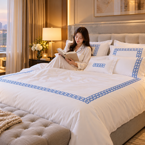 Juego de Ropa de Cama Bordada Geométrica Azul de Lujo, Funda de Edredón y Fundas de Almohada de Algodón Blanco Suave de Primera Calidad para una Decoración Elegante de la Habitación Principal - Product Image 5