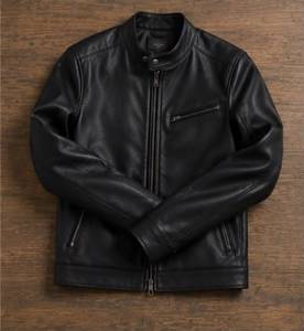 Unisex PU Leather Quilted Jacket Slim Fit <b>Mandarin</b> Collar Zipper Closure Black Winter Style Discharge Front Hooded Vintage - Product Image 2