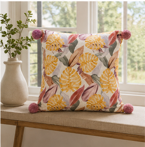 Housse de coussin de luxe à imprimé feuilles tropicales avec bords pompons faits à la main, décoration d'intérieur contemporaine, housse de coussin 100% lin - Product Image 5