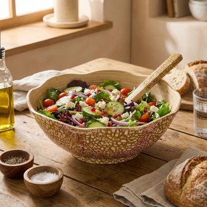 Scalloped Bamboo Salad Bowl with Eggshell Lacquer <b>Serving</b> Set with Spoon and Fork Kitchenware Bamboo <b>Serving</b> Bowls from Vietnam - Product Image 4