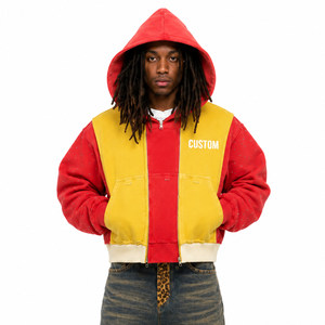Trendy Custom Red Yellow Colorblock Heavyweight Rhinestone Studded Sleeve Zip Up Hoodie Custom Logo ODM Private Label Factory - Product Image 1