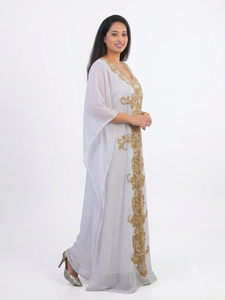 Awais House Women's White Beaded Embroidery <b>Chiffon</b> Polyester Floor-Length Modest Evening Dress V-Neck Long Sleeves Natural - Product Image 2