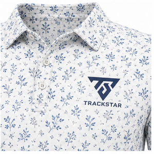 เสื้อโปโลพิมพ์ลายดอกไม้สีขาวน้ำเงินสำหรับผู้ชาย แบรนด์ Trackstar แขนสั้น คอปกติดกระดุม สไตล์ลำลอง เหมาะสำหรับตีกอล์ฟ รับสกรีนโลโก้ - Product Image 6