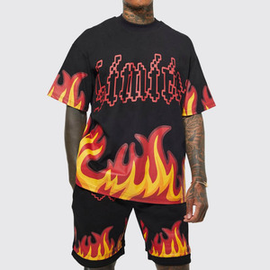 Conjunto de Camiseta y Pantalones Cortos Personalizados, Estilo Hip Hop Unisex, Diseño Oversize Vintage, Lavado Ácido, para Hombre - Product Image 1