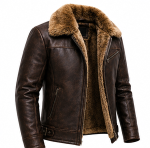 Veste en cuir véritable marron pour homme avec doublure en fausse fourrure, fermeture éclair, style motard, vêtement d'hiver - Product Image 2