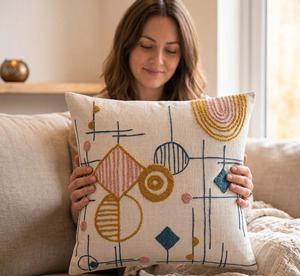 Geo Play Embroidered Eco-friendly Bohemian Floral 100% Cotton Customizable Square Home <b>Cushion</b> <b>Cover</b> - Product Image 2