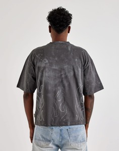 T-shirt en coton noir surdimensionné pour homme avec motif flamme en strass, style streetwear, manches courtes, col rond - Product Image 2