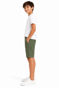 Shorts chino décontractés vert olive pour garçons, taille mi-haute, mélange de coton, shorts d'été confortables, coupe régulière, longueur genou, pour tous les jours - Product Image 2