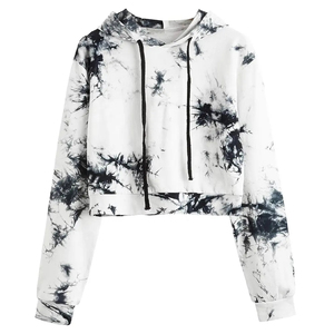 Women <b>Tie</b> Dye Cropped Hoodie Long Sleeve Pullover Sweatshirt Black and <b>White</b> Marble Print Streetwear Casual Drawstring <b>Top</b> - Product Image 1