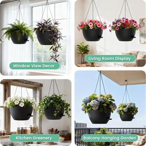 Pots de fleurs suspendus en métal noir avec chaînes et plateau de drainage |   Panier à fleurs suspendu rond moderne pour jardin intérieur et extérieur - Product Image 2