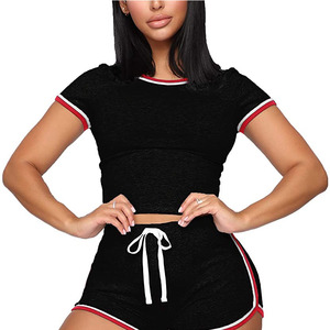 Women's Black <b>Red</b> White Trim 2-Piece Shorts Set Sporty <b>Crop</b> <b>Top</b> With Drawstring Shorts Spring Summer Casual Wear - Product Image 5