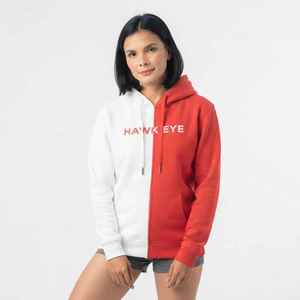 <b>Women's</b> Color Block <b>Hoodie</b> Red <b>White</b> Fleece Pullover Regular Fit <b>Hoodie</b> Asymmetric Design Front Logo Side Pockets - Product Image 2